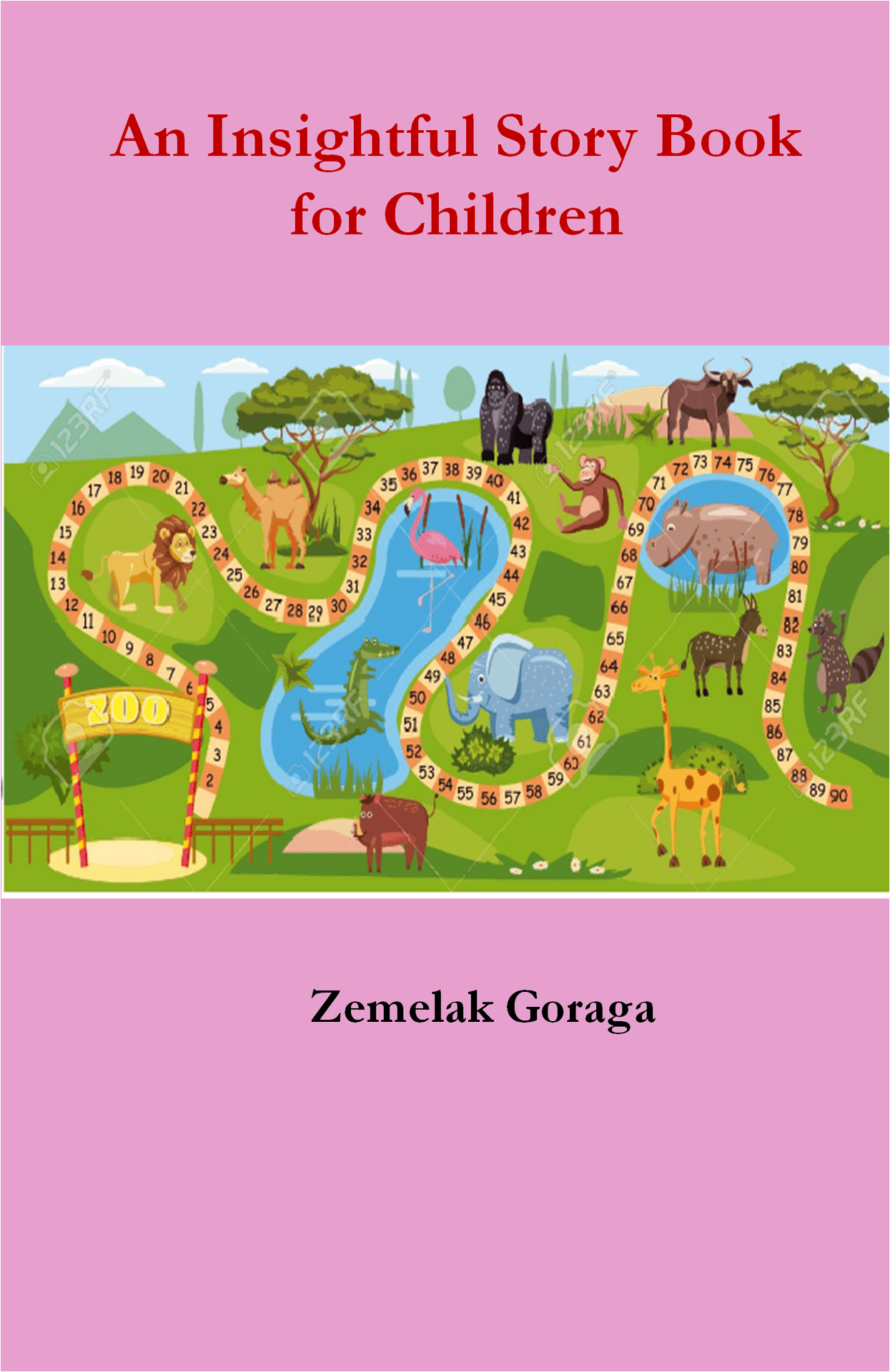 Children's book cover with animal-themed board game illustration and pink background.